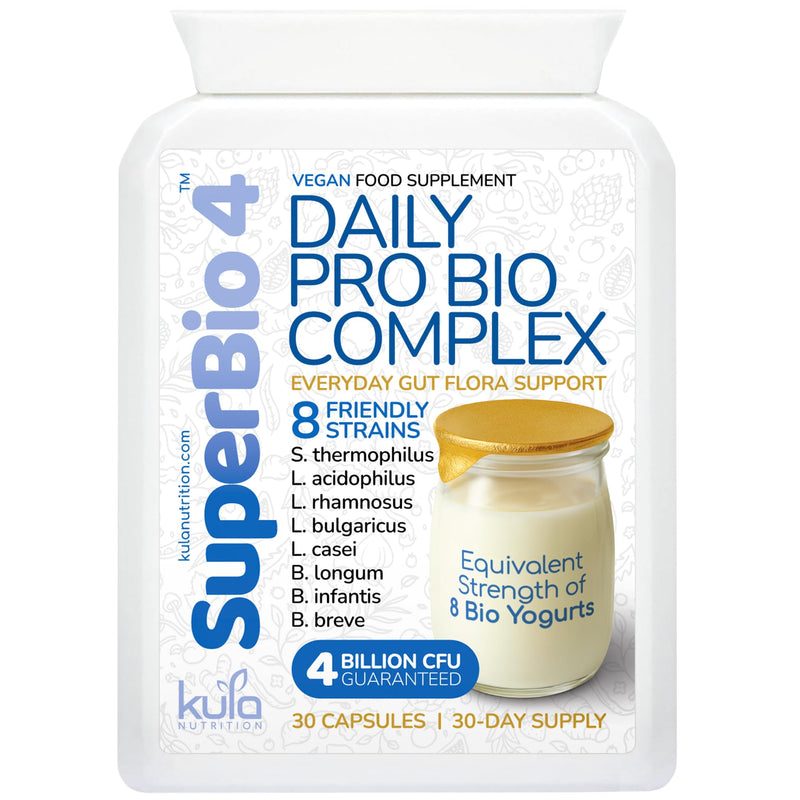 SuperBio4 - Daily Probiotic 8 Strain Live Bio Culture Complex - 4 Billion CFU Friendly Bacteria - High Strength Full Spectrum Gut Flora Supplement - Acid and Bile Resistant Capsules - 30 Days Supply