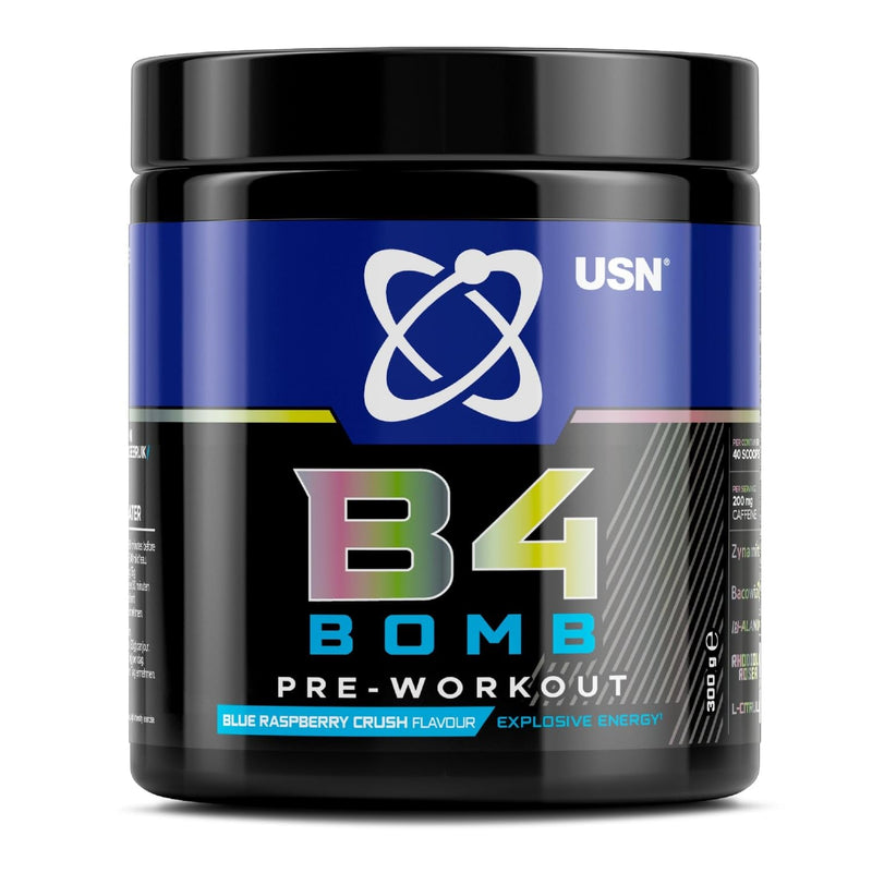 USN B4 Bomb Pre Workout Powder - 300g (20 Servings) Energy Drink Powder for Explosive Energy & Performance, 200mg Caffeine, 6000mg Citrulline, Creatine & 2000mg Beta Alanine - Blue Raspberry Flavour
