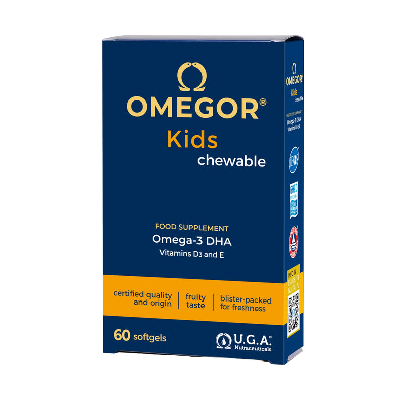 Omega 3 Kids OMEGOR - Omega3, 125mg DHA, Vitamin D3 and E for 3+ Children - Food Supplement for Brain, Eyes and Bones - 60 Fruit Flavoured Chewable Capsules