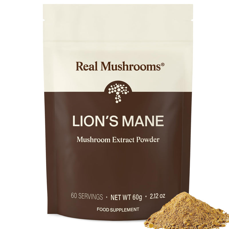 Real Mushrooms Lion’s Mane Powder - Organic Lions Mane Mushroom Extract for Cognitive Function & Immune Support - Brain Supplements for Memory and Focus - Vegan Mushroom Supplement, 60 Servings Lions Mane Powder 60 g (Pack of 1)
