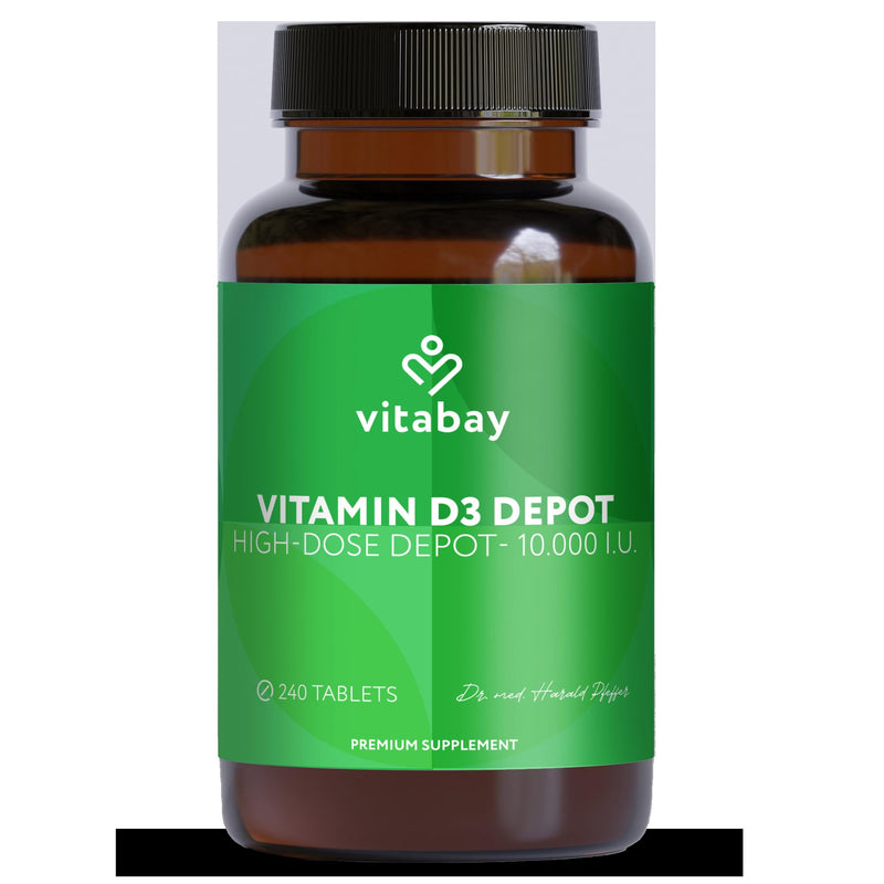 Vitabay – Vitamin D3 Depot 10000 I.E. – 240 Vegane Tabletten – Hochdosiert – Vitamin D3 Tabletten & Kapseln – VIT D – Vitamin D 10000