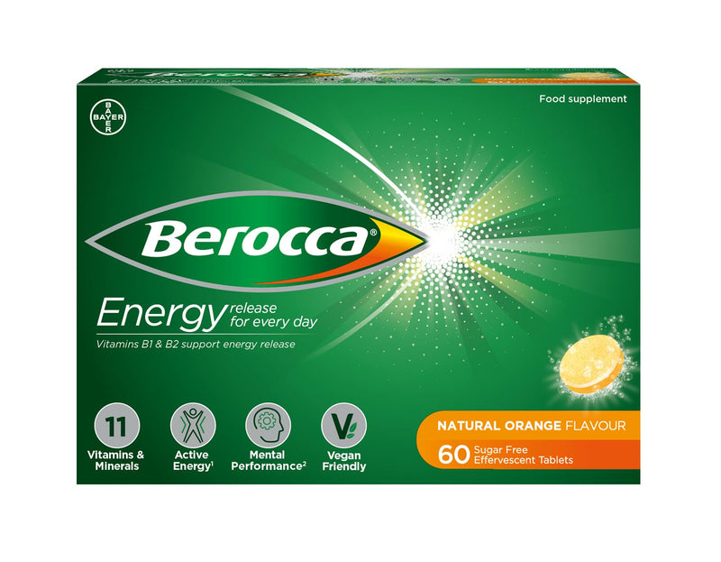 Berocca Energy Effervescent Tablets Including B Vitamins, Magnesium & Zinc - Vitamin C - Support Energy Release & Immune System* - 60 Tablets - Orange Flavour