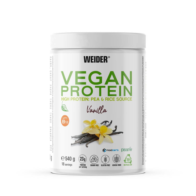 Weider Vegan Protein (540g) Vanilla Flavour. 23g Protein/dose, Pea Isolate (Pisane) & Rice Proteins. with Vitamin B12 & Stevia. Gluten Free, Sugar Free. Packaging 50% Recycled, 100% Recyclable
