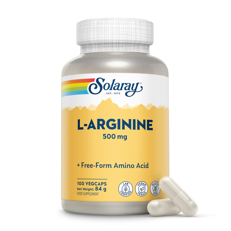 Solaray L‑Arginine 500mg – 100 Vegan Capsules – Pure Free‑Form Amino Acid – Gluten Free – Lab Verified