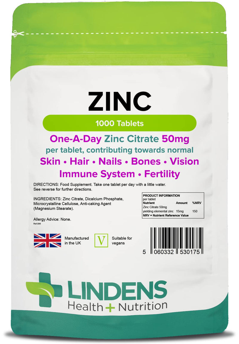 Lindens Zinc Citrate 50mg Tablets - 1000 Pack - High Strength 150% Nrv Dose Contributing Towards Normal Skin, Hair, Nails, Bones, Vision, Immune System and Fertility 1000 count (Pack of 1)