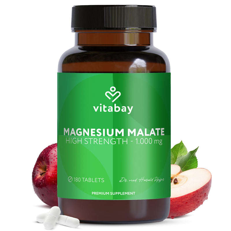 Vitabay Magnesium Malate 1000 mg High Strength – 180 Vegan Tablets – Energy Metabolism, Fatigue & Muscle Function – Laboratory Tested in Germany – No Additives – 6 Month Supply