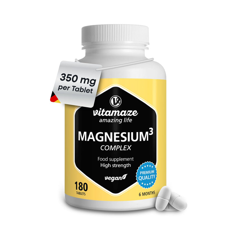 Triple Magnesium Complex 350 mg - 180 Vegan Tablets for 6 Months - Elemental Magnesium Citrate + Magnesium Carbonate + Magnesium Oxide, Organic & High Strength Supplement 180 count (Pack of 1)