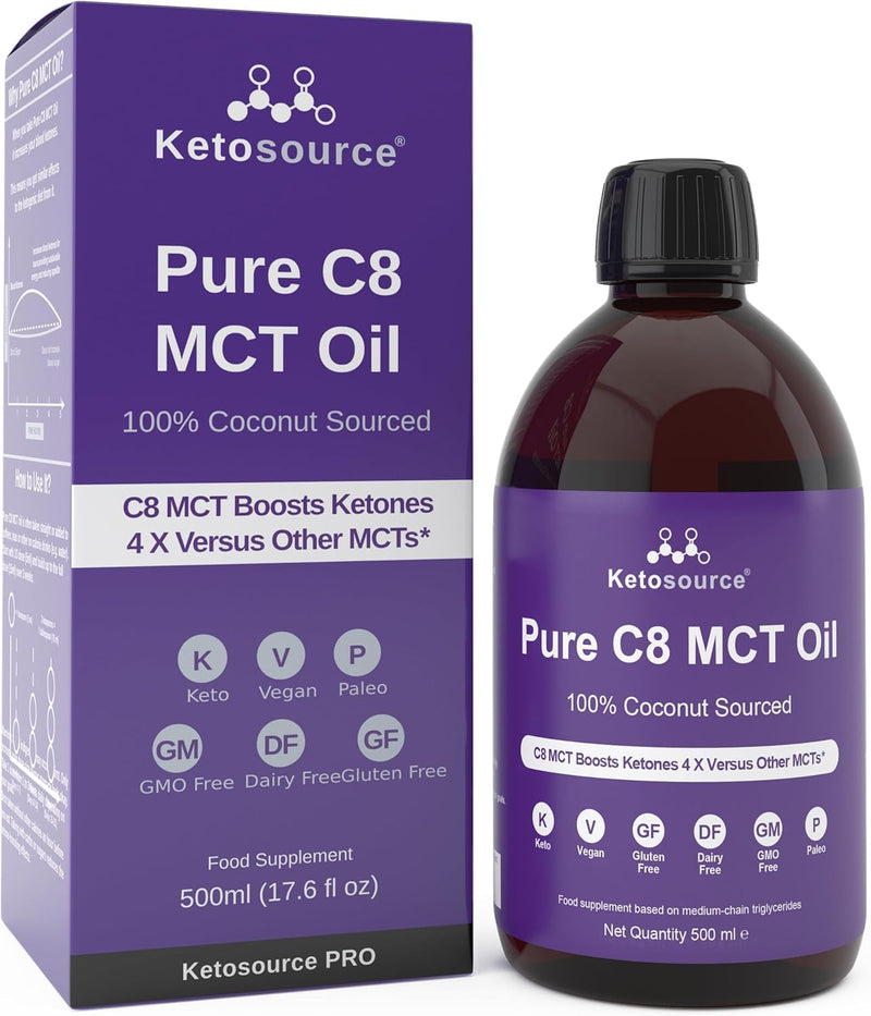 Ketosource Pure C8 MCT Oil | Boosts Ketones 4X Versus Other MCTs | Highest 99%+ Purity | 100% Coconut | Keto Diet, Fasting, Vegan Safe & Gluten Free | Premium Lab Tested Purity | Caprylic Acid | 500ml 500 ml