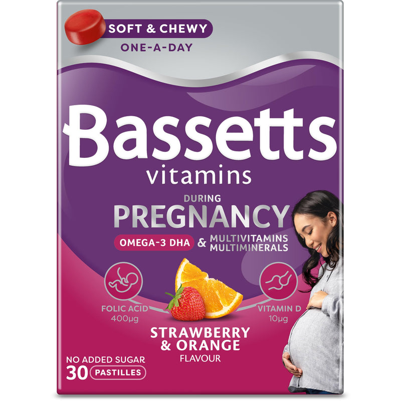 Bassetts Vitamins Pregnancy+ Omega-3 DHA Multivitamins & Multiminerals Strawberry & Orange Flavour 30 Gummy Pastilles Strawberry, Orange 30 count (Pack of 1)