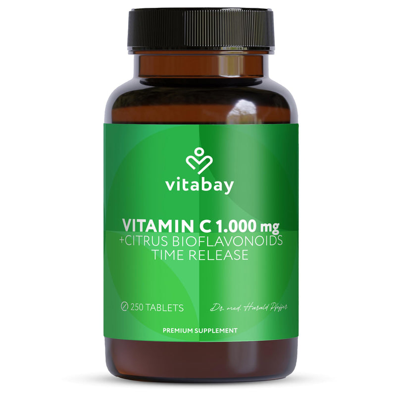 Vitabay Vitamin C 1000mg – 250 Vegan Time Release Tablets – Buffered Vitamin C with 50mg Citrus Flavonoids – from Plant Fermentation with Acacia Fibers – Laboratory Tested in Germany 365 g (Pack of 1)