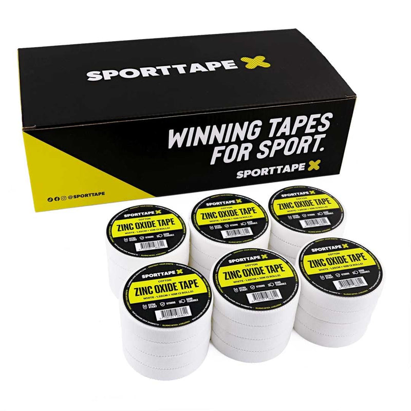 SPORTTAPE Box of 24 Rolls Zinc Oxide Finger Tape - White - 1.25cm x 10m | For Jiu Jitsu, Bouldering, Rock Climbing, BJJ, Crossfit, Rowing, Climbing & Golf (12 Packs of 2 Rolls) 1.25cm x 10m - 24 Rolls