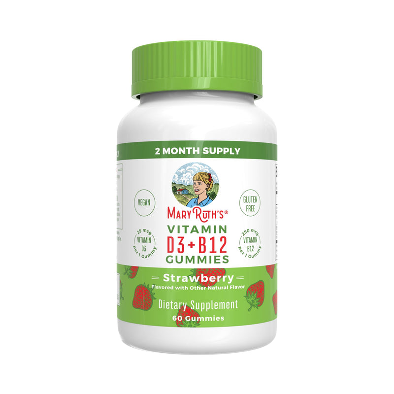 MaryRuth Organics, Vitamin D3 & B12 Gummies, Strawberry Flavour, 60 Vegan Gummies, Vegetarian, Gluten-Free, Soy-Free, Non-GMO