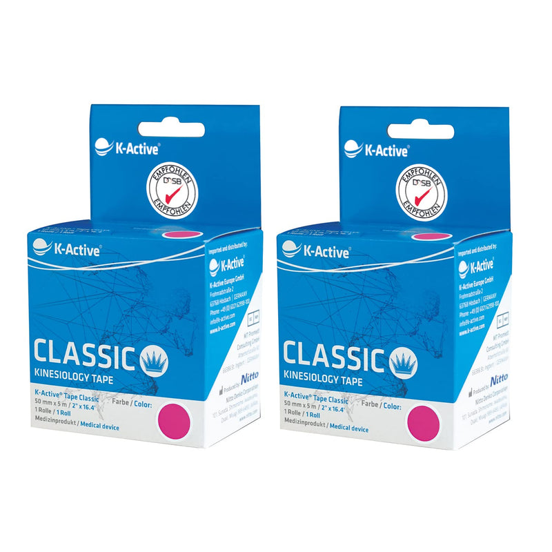 K-Active Kinesiology Tape Classic Pink, Water Repellent and Hypoallergenic, 50 mm x 5 m, 2 roll Set 2 Roll 50 mm x 5 m