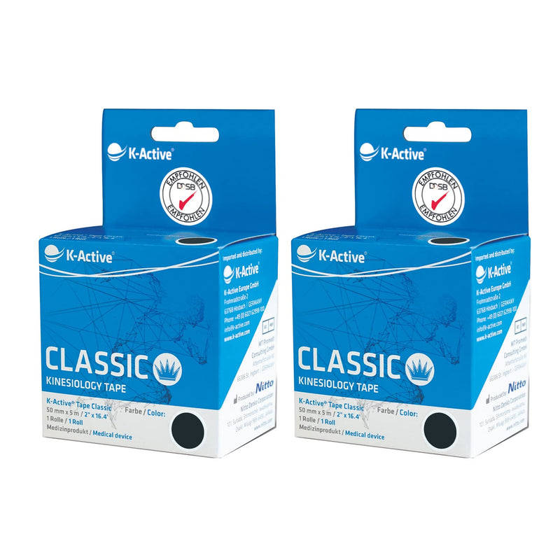 K-Active Kinesiology Tape Classic Black, Water Repellent and Hypoallergenic, 50 mm x 5 m, 2 roll Set 2 Roll 50 mm x 5 m