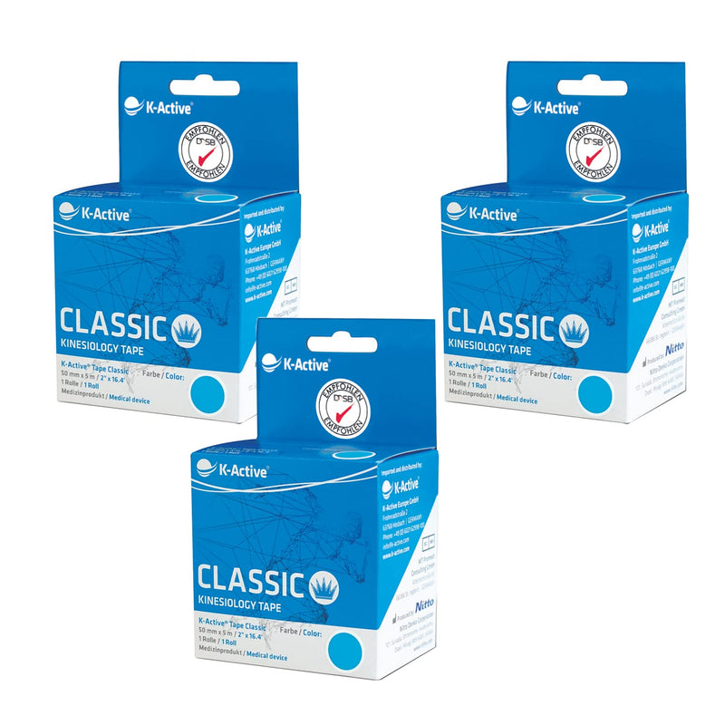 K-Active Kinesiology Tape Classic Blue, Water Repellent and Hypoallergenic, 50 mm x 5 m, 3 Roll 3 Roll 50 mm x 5 m