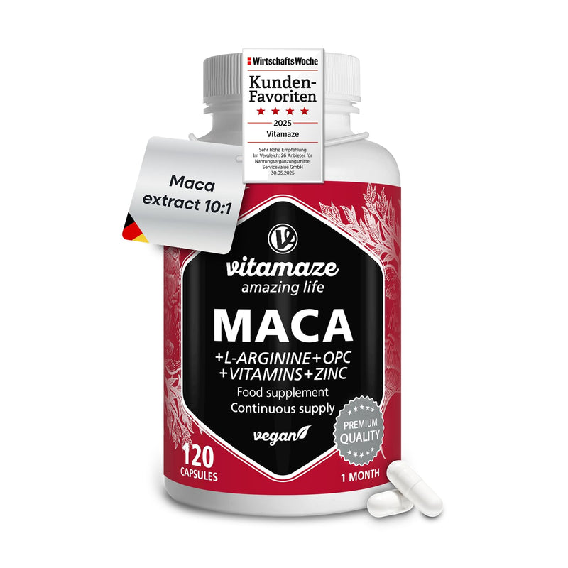 Maca Root Capsules - Libido Booster for Men and Women - Natural Testosterone Substitute - 5000 mg Maca Extract Powder + L-Arginine + Vitamin B6, B12 + OPC + Zinc - 120 Organic Capsules Maca Root 5000 mg