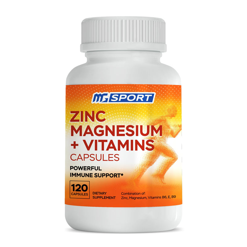 Magnesium Supplement MGSPORT with Zinc,Vitamins B6, B9, D, E - Immune Support, Muscle Recovery, EZ on Stomach - 120 Capsules