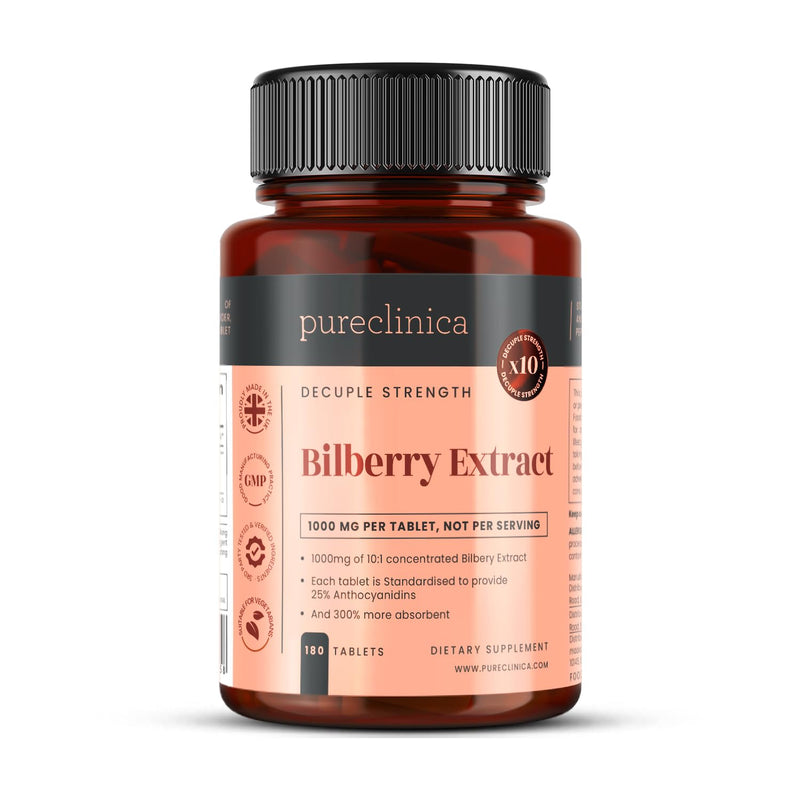 Pureclinica Bilberry Extract 1000mg (10:1) per Tablet – with Black Pepper Extract – 180 Tablets – High Strength – 6 Month Supply 180 count (Pack of 1)