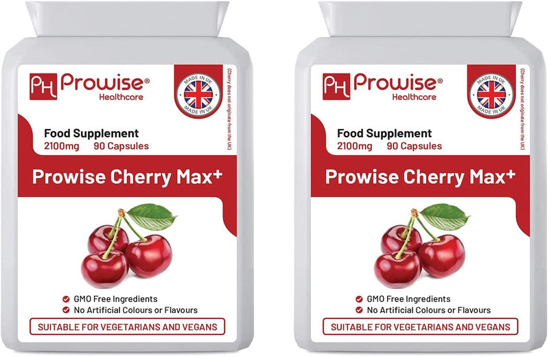 Cherry Max+ (Pack of 2) 2100mg Montmorency Cherry Added with Black Cherry I 90 Vegan Capsules High Strength I Made in the UK by Prowise Healthcare 90 count (Pack of 2)