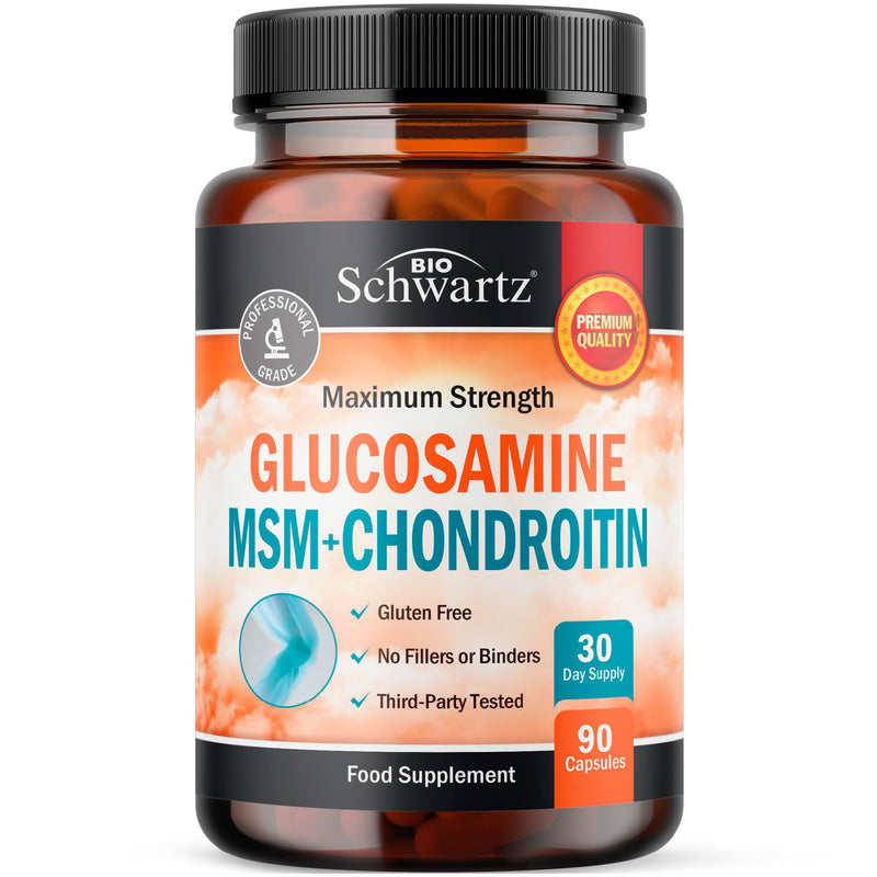 Glucosamine and Chondroitin High Strength | with MSM, Tumeric, Ginger, Boswellia Serrata, Collagen, Hyaluronic Acid & Bromelain | Glucosamine Complex | Third-Party Tested, Gluten-Free | 90 Capsules