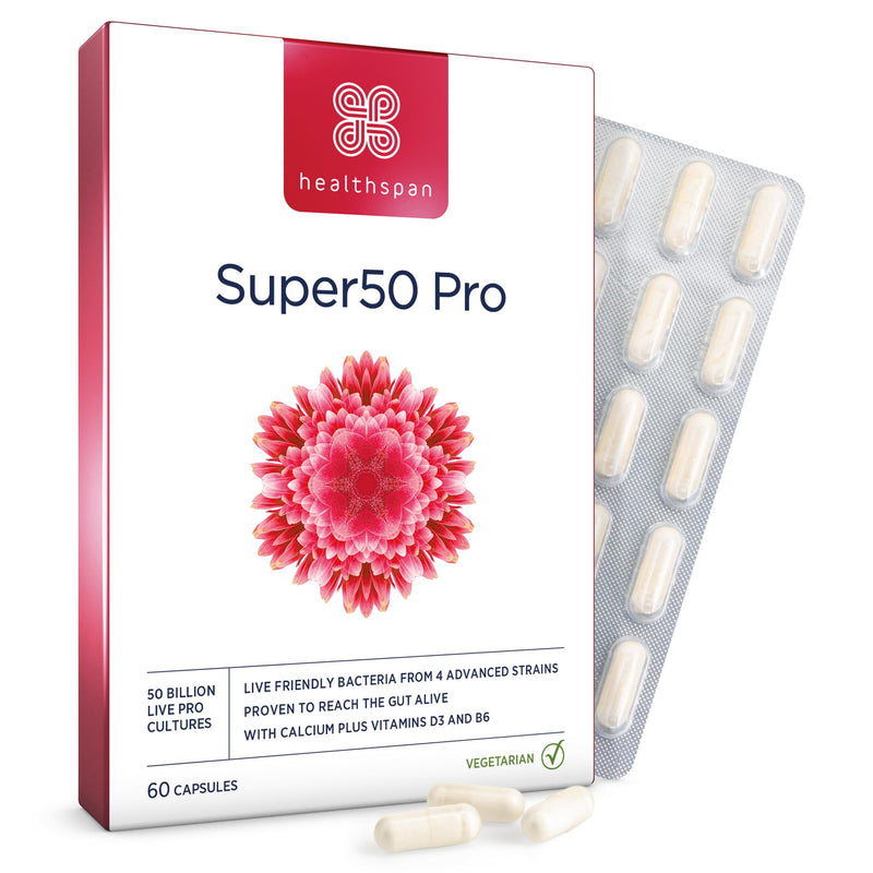 Healthspan Super50 Probiotic | Gut Health | with Vitamin D3 | 50 Billion Live Probiotic Cultures | Vitamin B6 | Calcium | Vegetarian (60 Capsules) 60 count (Pack of 1)