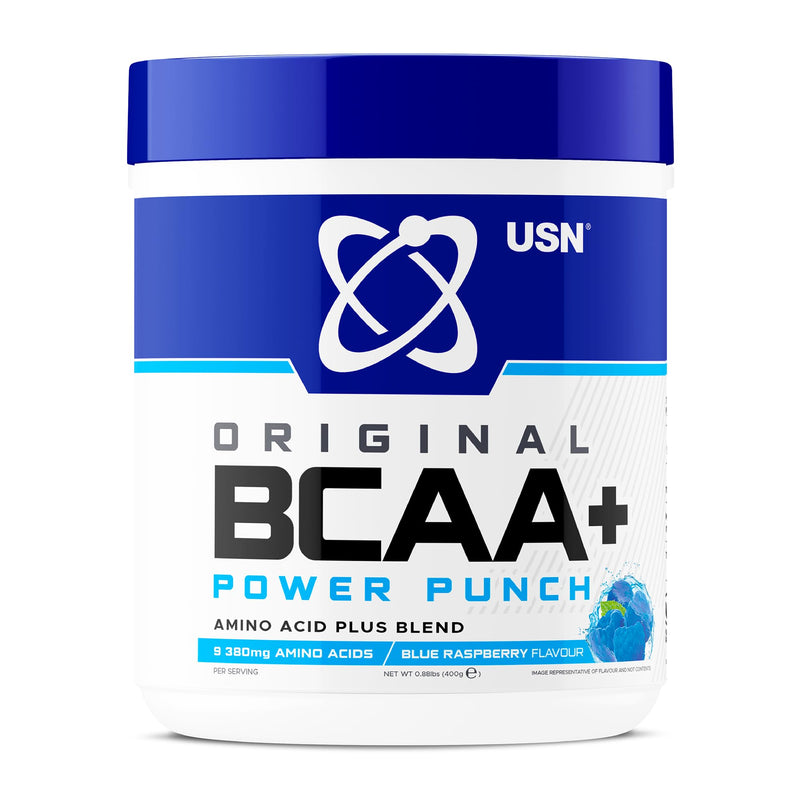 USN Power Punch BCAA Amino Acids Powder, Blue Raspberry Flavour - 400g, Vegan BCAA Powder, Vitamin B6 & No Sugar, Pre Workout & Intra Workout Energy Drink & Dietary Supplement to Maximise Performance 36 Servings (400 g, Pack of 1)