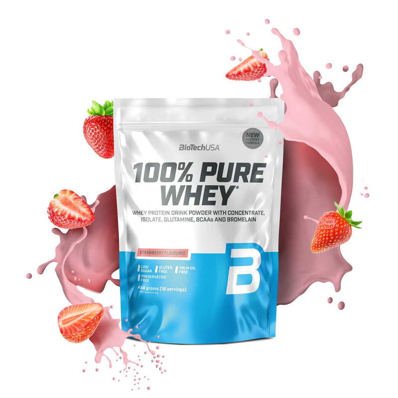 BioTechUSA 100% Pure Whey | Protein Powder with BCAA and Glutamine | Gluten-Free, Palm Oil Free | 21g Protein per Serving, 454 g, Strawberry 454 g (Confezione da 1)