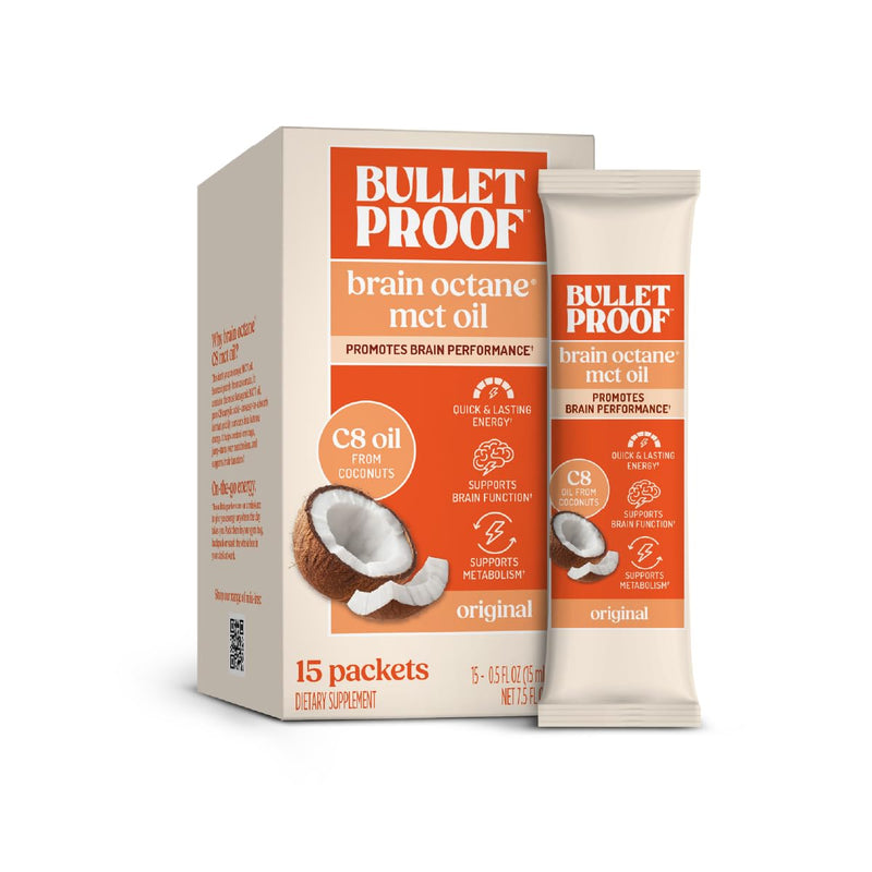 Bulletproof Brain Octane C8 MCT Oil Packets, Pack of 15 – 100% Pure Coconut Oil, Triple-Distilled Keto Energy Supplement for Coffee & Smoothies, Unflavored, No Additives or Fillers, Non-GMO 0.5 Fl Oz (15 Packets)