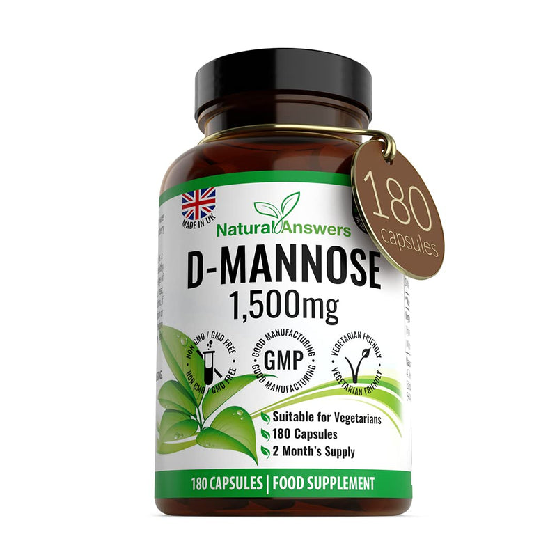 D-Mannose 180 Capsules - Max Strength 1500mg per Serving - Precision DMannose - Vegetarian Capsules not Tablets or Pills, Made in The UK (180 Count (Pack of 1)) 1 count (Pack of 1)