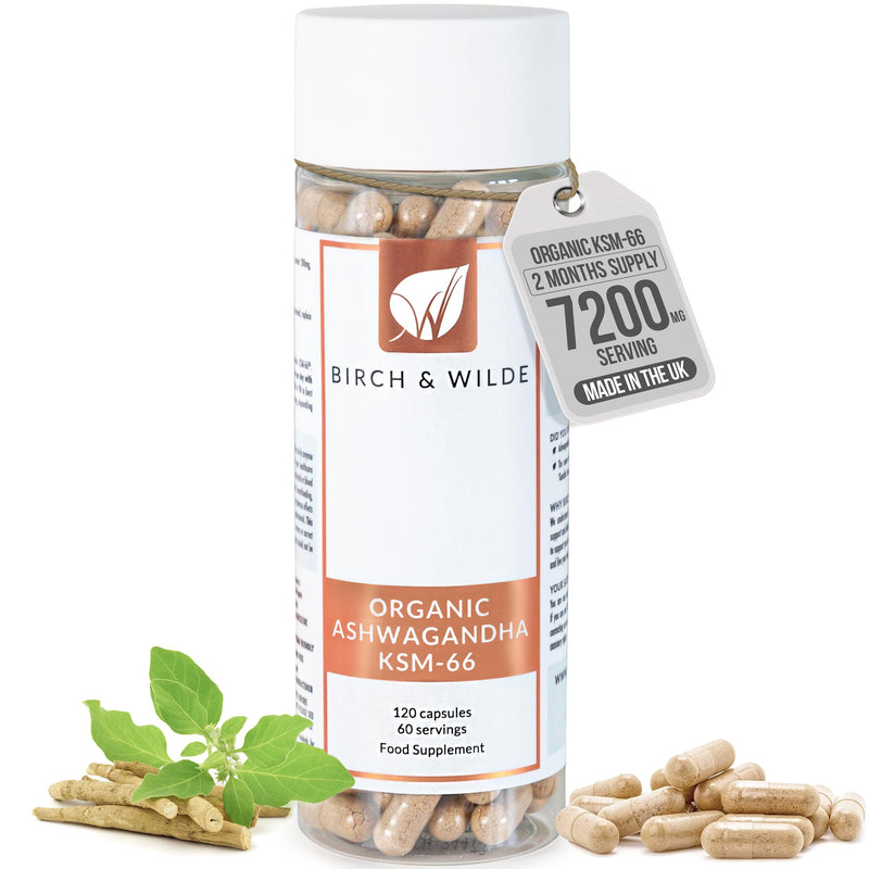 Ashwagandha Organic 7200 mg KSM 66 Capsules High Strength - 2 Months Supply - Ayurveda Stress Relief, Improved Sleep, Memory & Cognitive Function - Vegan Herbal Supplements for Women & Men, UK Made 120 count (Pack of 1)