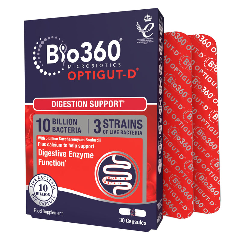 Natures Aid Bio360 OptiGUT-D Probiotic 10 Billion Live Bacteria - High Strength Vegan Digestive Gut Health Support - Gut Health Supplement for Adults & Kids - Gluten Free, Non-GMO - 30 Capsules | Digestion Support Bio360 OptiGUT-D 30 Capsules
