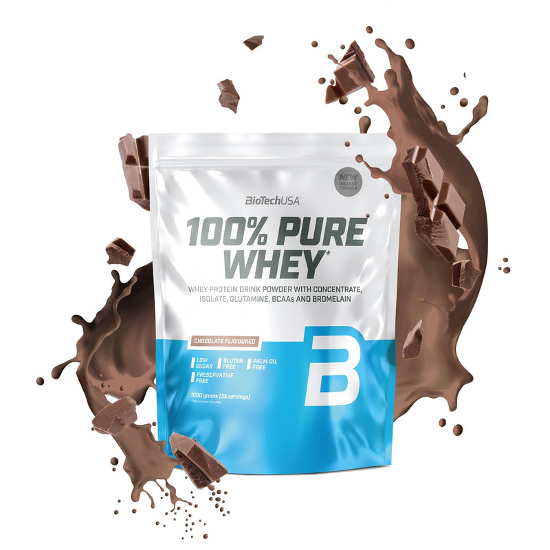 BioTechUSA 100% Pure Whey | Protein Powder with BCAA and Glutamine | Gluten-Free, Palm Oil Free | 21g Protein per Serving, 1 kg, Chocolate