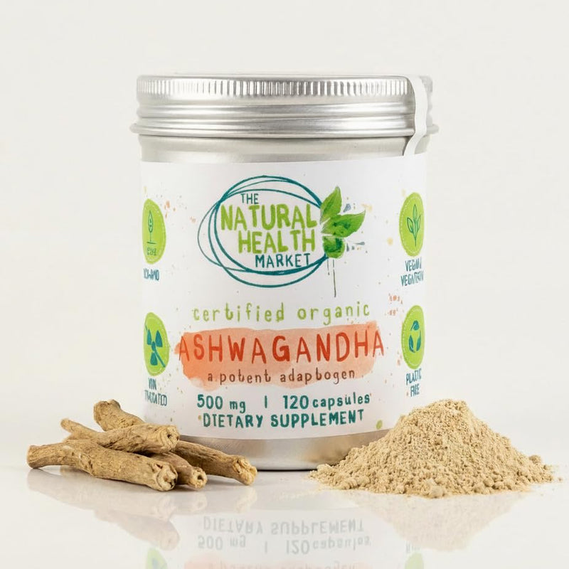 The Natural Health Market Organic Ashwagandha Capsules 500mg | High Strength Ashwagandha Root Extract | Soil Association Certified | Vegan Adaptogen Herbal Supplement | 120 Capsules | Made in the UK 120 count (Pack of 1)