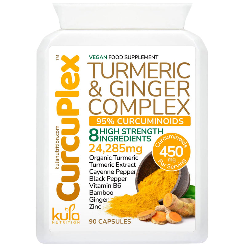 CurcuPlex - High Strength Turmeric Complex 24,285mg - 95% Curcumin Supplement - Ginger, Black Pepper and Zinc for Immune Support - 450mg Curcuminoids - Anti Inflammatory Joint Care - 90 Vegan Capsules