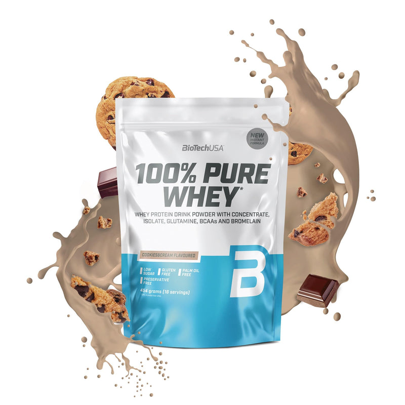 BioTechUSA 100% Pure Whey | Protein Powder with BCAA and Glutamine | Gluten-Free, Palm Oil Free | 21g Protein per Serving, 454 g, Cookies & Cream 454 g (Pack of 1)