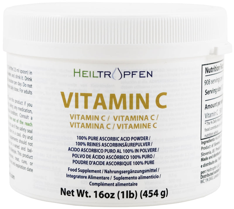 Pure Ascorbic Acid fine crystalline Powder | 1 Pound - 454 g | Vitamin C | Pharma Ingredients (Ph. EUR., USP, BP) | Third-Party Tested | Heiltropfen®