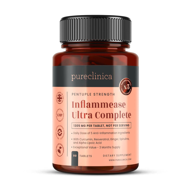 INFLAMMEASE Ultra Complete – 1305mg | 90 Tablets | 3 Months Supply | 5-in-1 Anti-Inflammatory Supplement with Ginger, Curcumin, Spirulina, ALA & Resveratrol | Made in UK | Joint & Immune Support 90 count (Pack of 1)