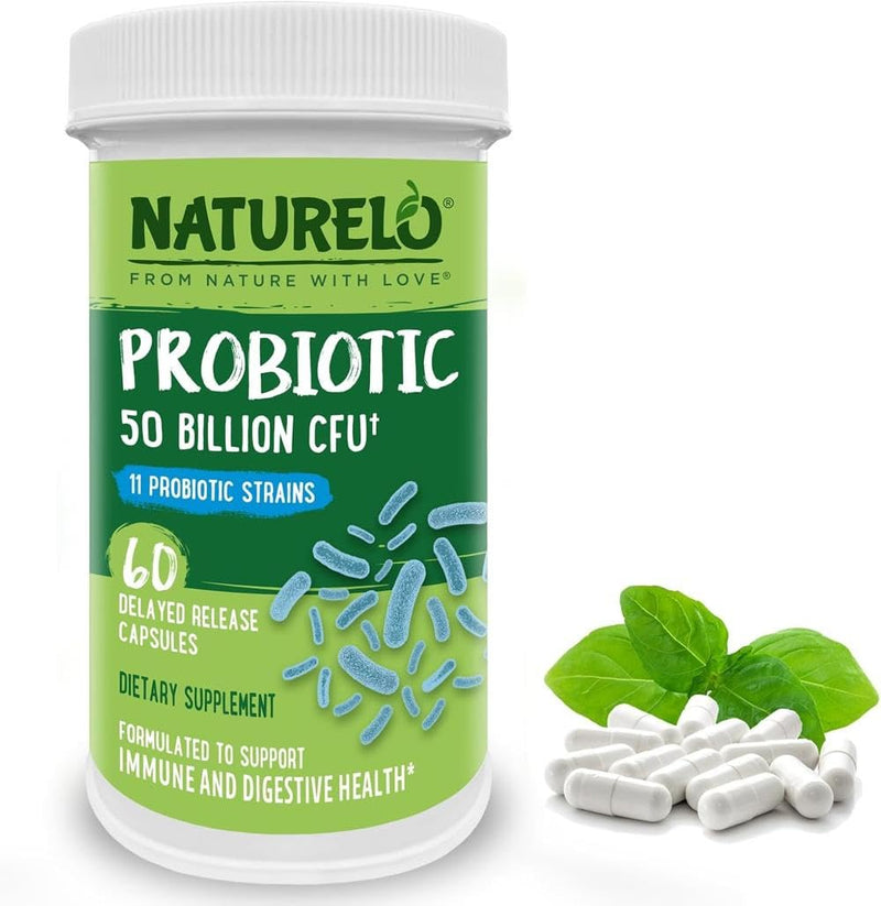 NATURELO Probiotic - Ultra Strength - 50 Billion CFU - 11 Lacto & Bifido Strains - One Daily - Gut-Friendly Bacteria - No Refrigeration Needed - 60 Vegan Capsules | 2 Month Supply 60 count (Pack of 1)