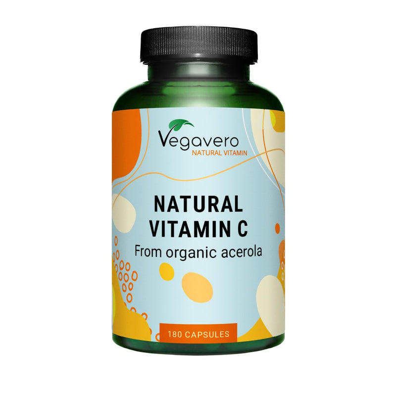 Vegavero Natural Vitamin C Supplement | Organic VIT C from Acerola Cherry Extract | 225% NRV | NO Additives| 180 Capsules | Vegan
