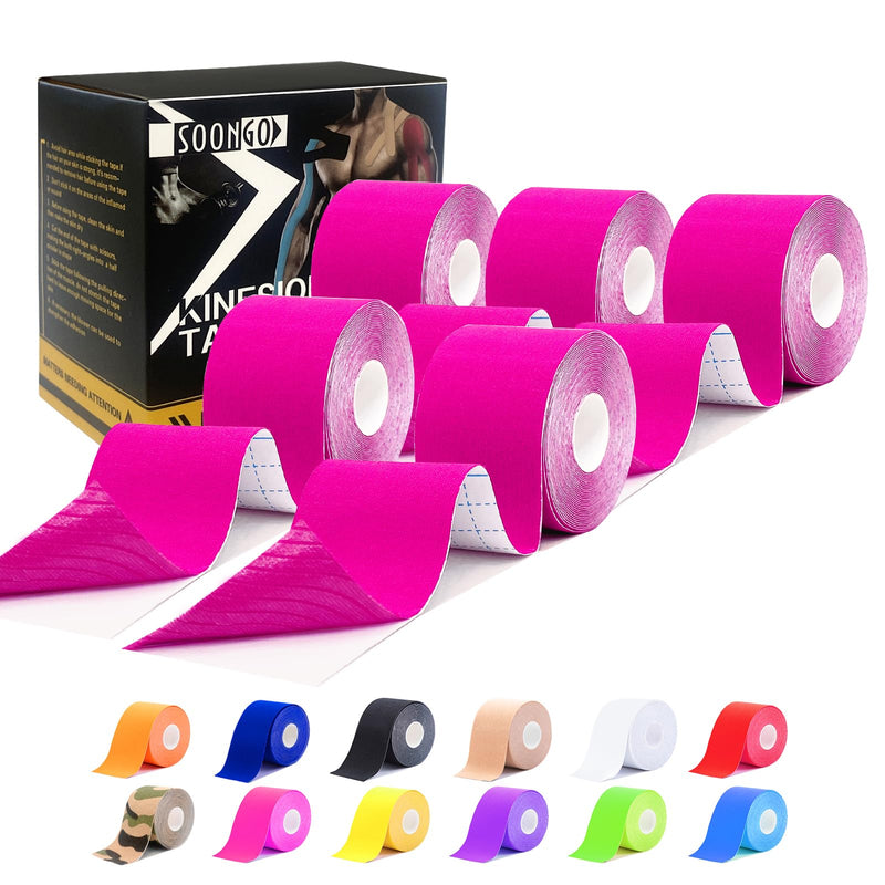SOONGO Kinesiology Tape Sports Tape 5 Roll, Elastic Athletic Tape for Shoulder Ankle Elbow Wrist Knee Support, Waterproof Body Tape for Muscle Comfort (Pink) Pink Pack of 5