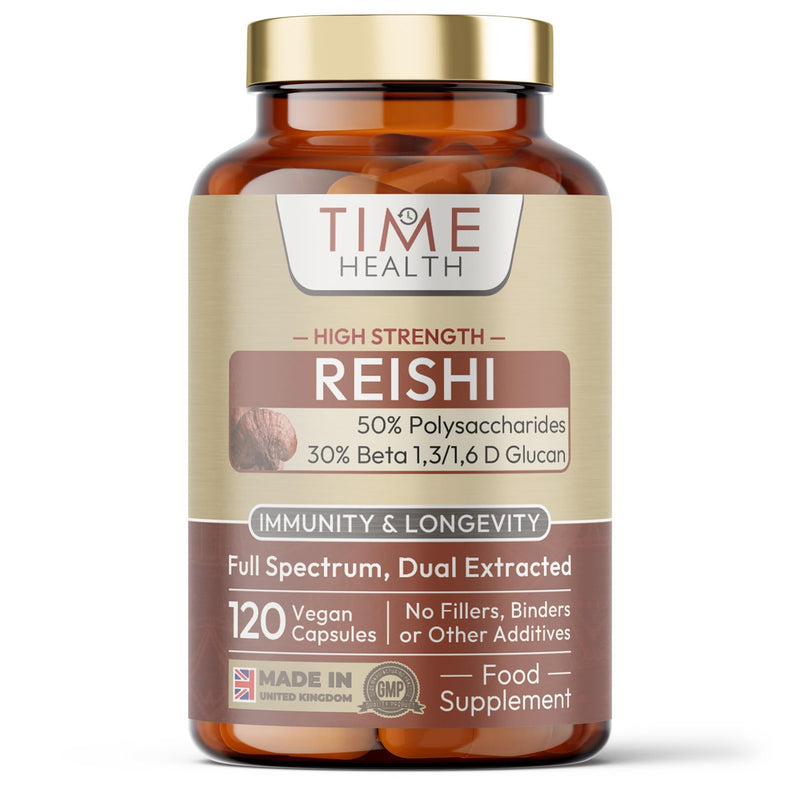 Reishi (Ganoderma lucidum) - High Strength 50% Polysaccharides / 30% Beta 1,3/1,6 D Glucan - Dual Extracted - UK Manufactured - Zero Additives - Pullulan (120 Capsules) 120 count (Pack of 1)