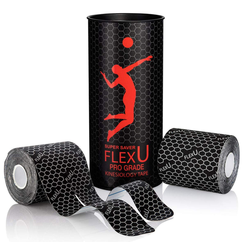 FLEXU Pro Ultra-wide Kinesiology Tape; Pre-Cut Y Shape, 3" & 4" Widths, Muscle &Joint Support, Athletic Tape for Pain Relief & Muscles Recovery; Water-Resistant, Latex-Free, Easy to Apply Black