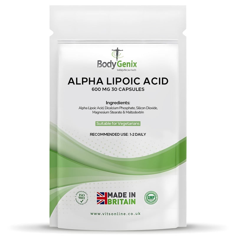 BodyGenix Alpha Lipoic Acid Capsules - 600mg ALA Powerful Antioxidant Metabolic Blood Sugar Support High Strength Vegan Supplement - 30 Caps 1 Month Supply