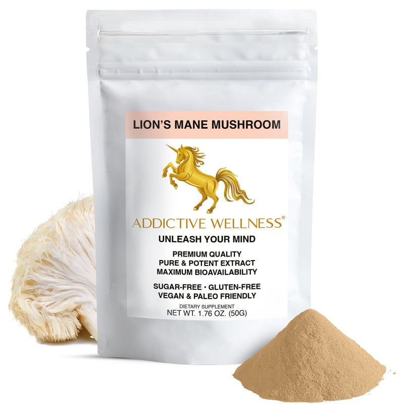 Addictive Wellness Lions Mane Supplement Powder, Premium Quality Lions Mane Mushroom Powder Dual-Extract Nootropic, Sugar Free, Vegan & Paleo Lion's Mane Mushroom Supplement - 1500 mg 50 g (Pack of 1)