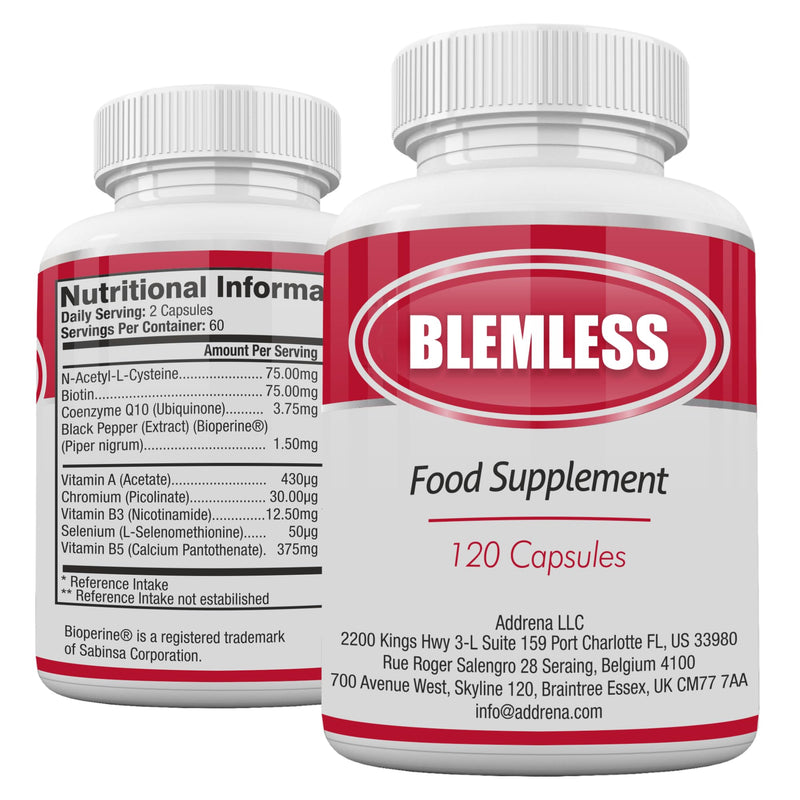 Blemless 60 Day - Clear Skin Supplement Pills Designed to Reduce Oily Breakouts from Spots & Blemishes with Vitamins A, B5, NAC, & Selenium for Women, Men, Teens, & Adults | 120 Natural Capsules