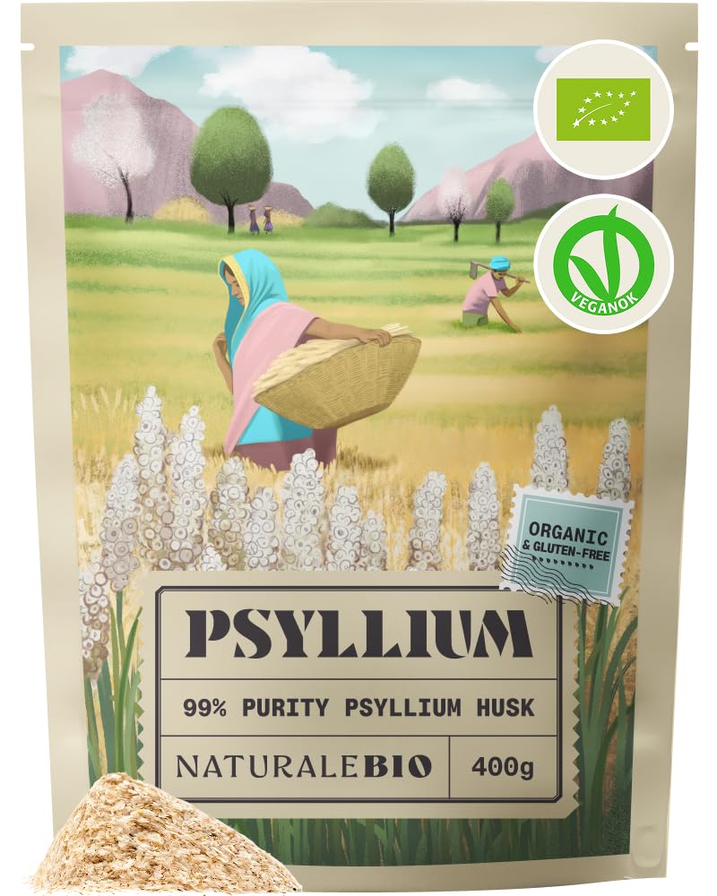 NaturaleBio Organic Psyllium Husk - 99% Purity - 400g. Pure & Natural Psyllium Seed Husks, Produced in India. High in Fibre, to be Mixed with Water, Beverages, & Juices, Vegetarian & Vegan. 400 g (Pack of 1)