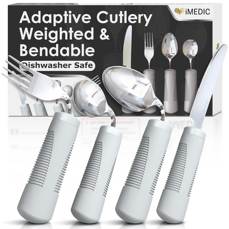 iMedic Weighted Bendable Cutlery for Disabled Hands (The Knife Does Not Bend) - Disabled Cutlery for Adults Suffering from Parkinson's and Tremors - 1 Set Grey