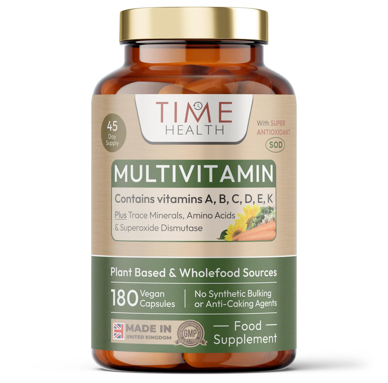 Whole Food Plant-Derived Multi Vitamin 100%+ Daily with TetraSOD® Super Antioxidant - Natural, Non-Synthetic Vitamins - Highly Bioavailable - Zero Additives - UK Manufactured (180 Capsule Pouch) 180 count (Pack of 1)