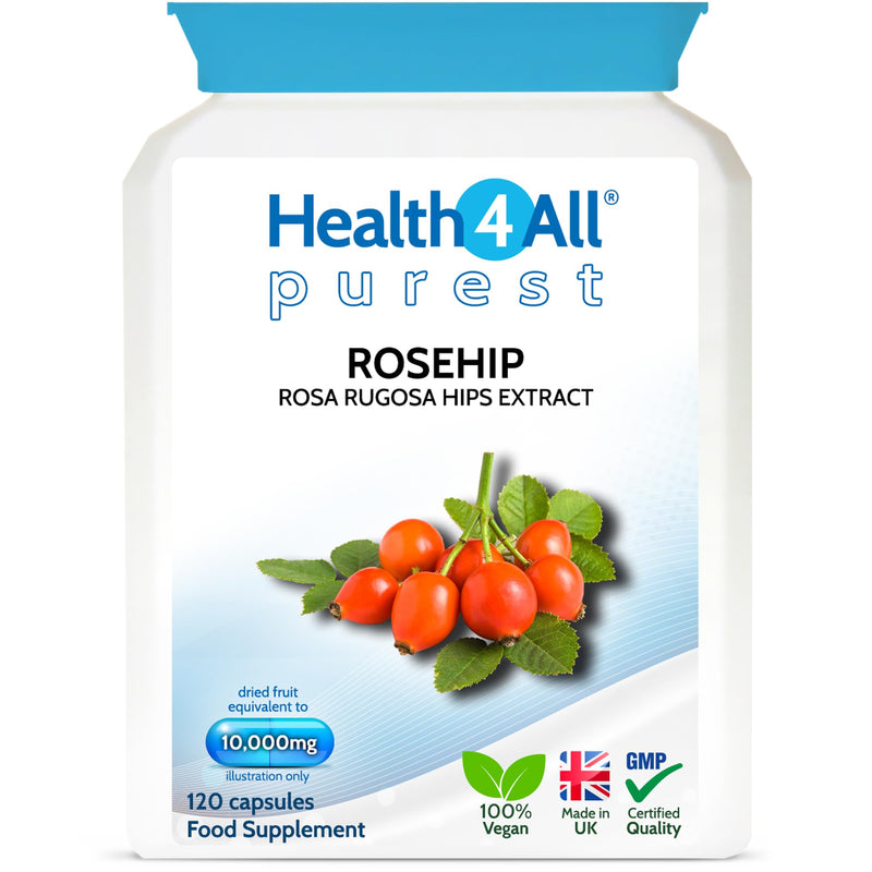 Health4All Rosehip 10,000mg per Capsule, 120 Capsules 4 Months Supply, High Strength Rosa Rugosa Hips Joint Support Supplement, Pure, Vegan, Naturally Sourced Extract (not Tablets) | Made in UK 120 count (Pack of 1)