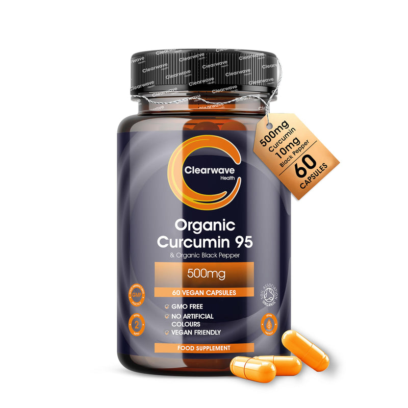 Curcumin 95 | Organic | Curcumin Capsules High Strength with Black Pepper | 500mg Pure Turmeric Curcumin 95 & 10mg Organic Black Pepper | 60 Capsules 2 Month Supply | By Clearwave Health
